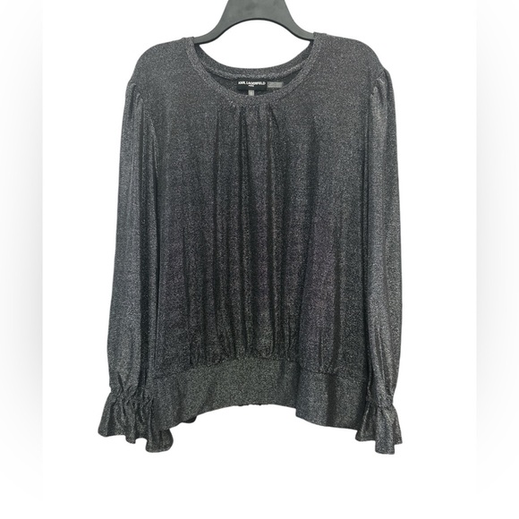 Karl Lagerfeld Metallic Knit Crew Neck Ruffle L/S Blouse Size XL Party Sparkly - Picture 1 of 5